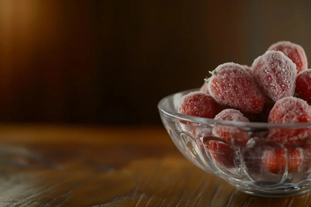Close-up of vibrant frozen strawberries covered in light frost.