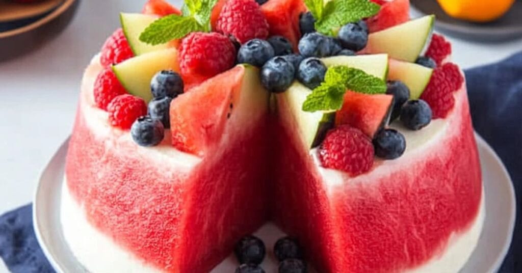 A watermelon cake topped with fresh fruits and mint, perfect for summer parties.