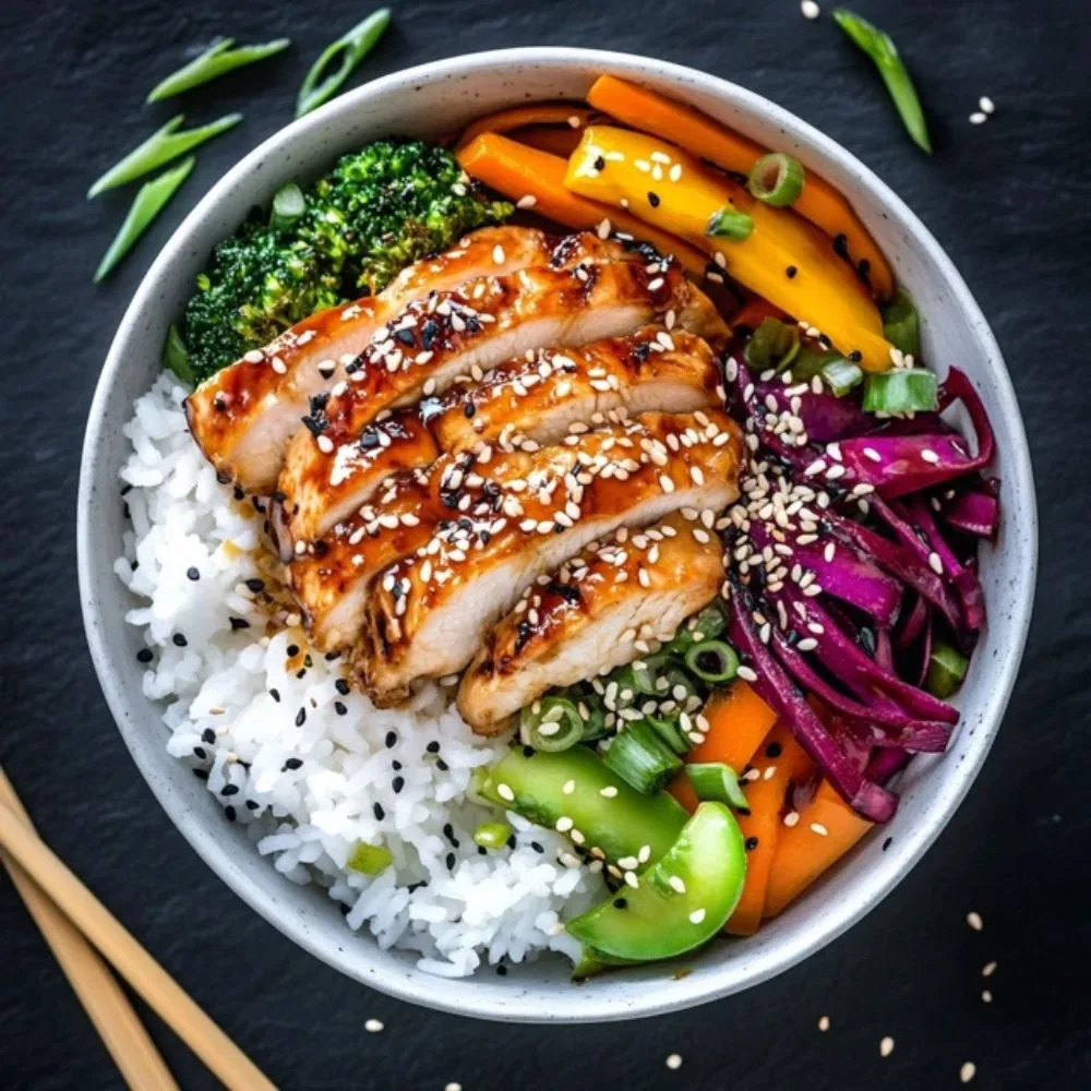 A Beautifully Plated Teriyaki Bowl With Perfectly Cooked Rice, Colorful Sautéed Vegetables, Glazed Chicken, Garnished With Sesame Seeds And Green Onions, Placed On A Dark Slate Background.