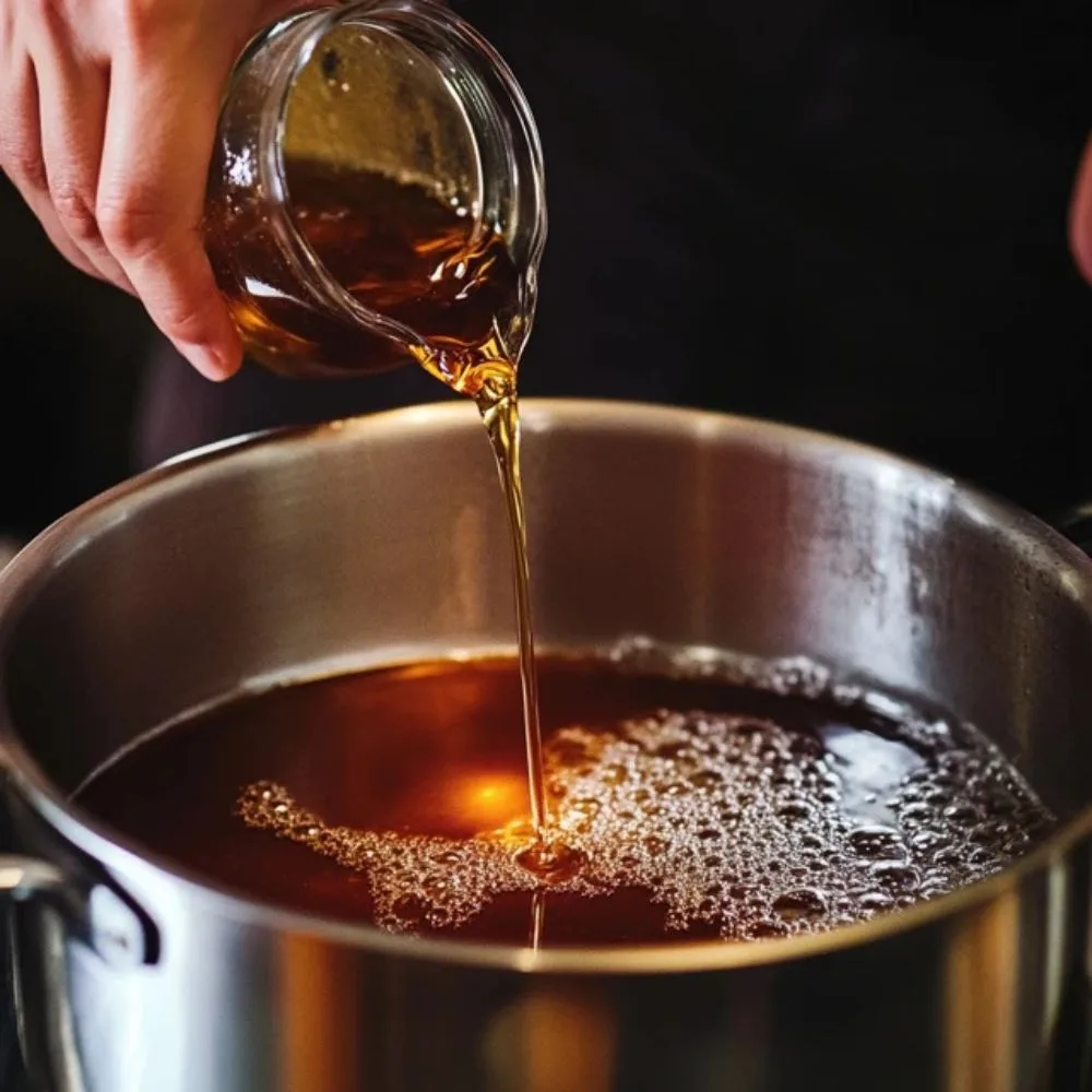A Close Up Shot Of Of Bubbling Sugar Syrup, With A Hand Carefully Pouring In Peppermint Extract In A Pot. High Detail, Warm Kitchen Lighting.