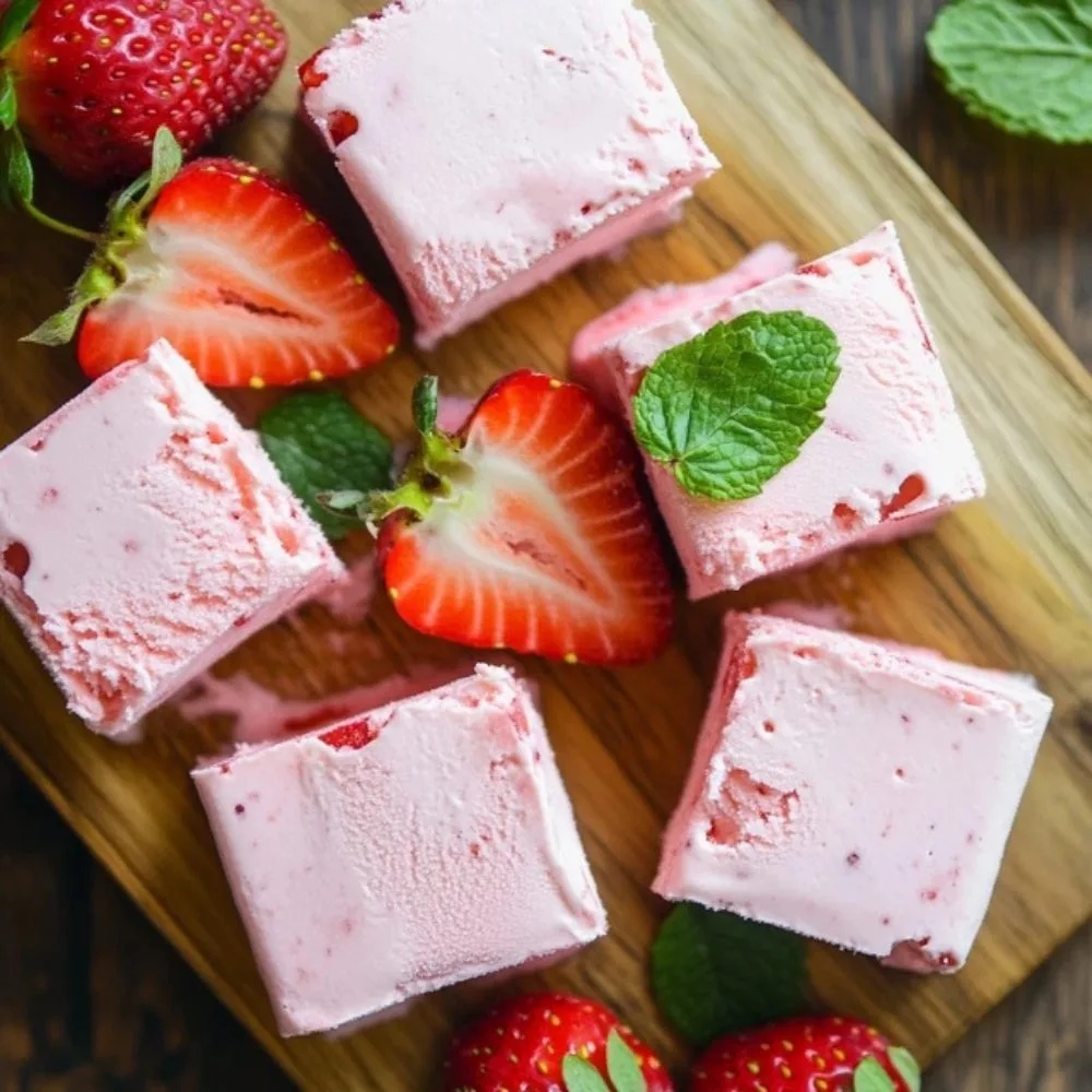 A Detailed Image Of Strawberry Ice Cream Bars, Neatly Cut Into Squares, With Fresh Strawberries And Mint Leaves As Garnish, Served On A Wooden Platter.