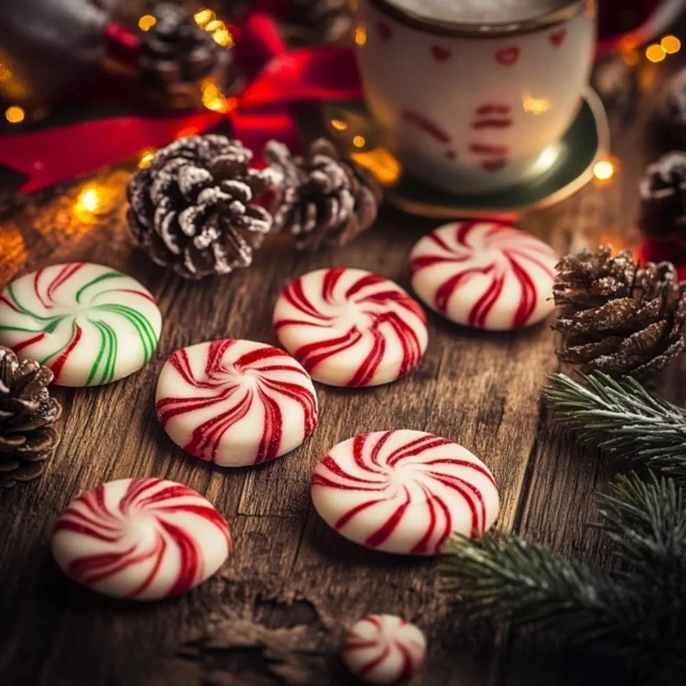 A Festive Dessert Table With Peppermint Candy, Peppermint Bark, And A Steaming Cup Of Hot Cocoa, Decorated With Pinecones And Red Ribbon. High Resolution, Inviting And Cozy Winter Theme. Httpss.mj
