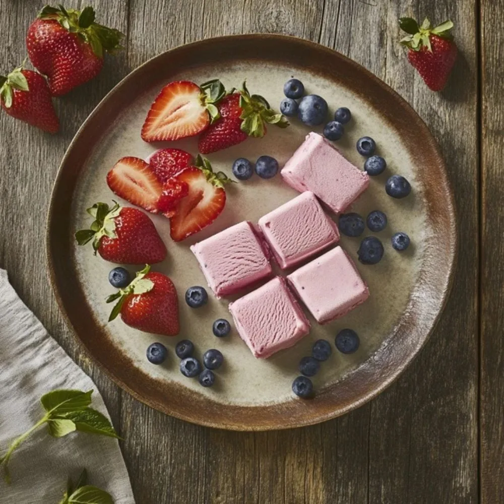 A Mix Of Strawberry And Blueberry Ice Cream Bars On A Rustic Plate, With Fresh Fruits Scattered Around, Showcasing Seasonal Variations.