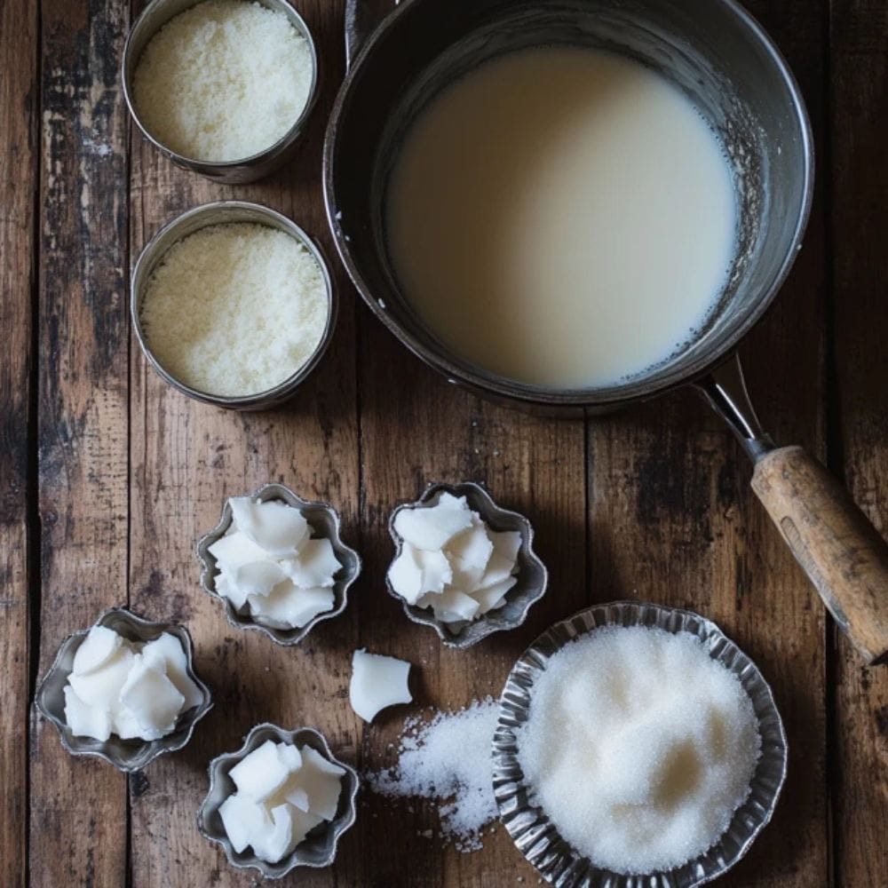 A Rustic Setup Showing The Process Of Making Coconut Candy, Including Coconut Milk Being Poured Into A Pot, With Sugar And Malt Syrup Ready On The Side, And Molds Filled With Candy Mixture.