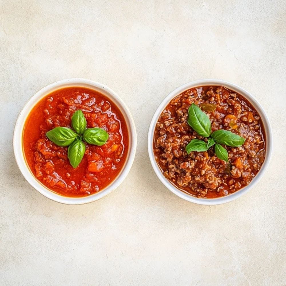 A Side By Side Presentation Of A Traditional Tomato Sauce And A Meat Based Ragù In Separate Bowls, Garnished With Fresh Basil, Set Against A Textured, Neutral Background.