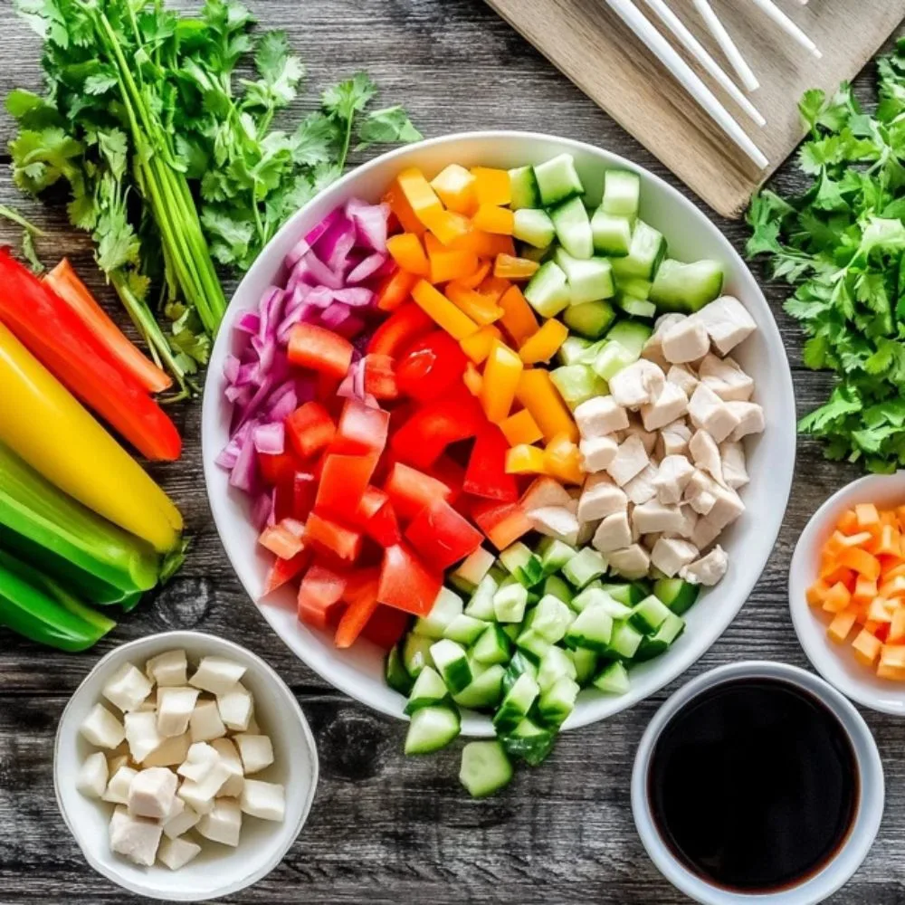 A Vibrant Flat Lay Of Fresh Teriyaki Bowl Ingredients Diced Chicken, Colorful Vegetables, Soy Sauce, And Garnishes, Placed On A Rustic Wooden Countertop.