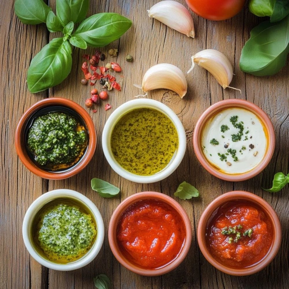 A Vibrant, High Resolution Image Of A Variety Of Italian Sauces In Small Ceramic Bowls, Each Labeled With Ingredients Like Tomato, Pesto, Cream, And Garlic, Set On A Rustic Wooden Table.