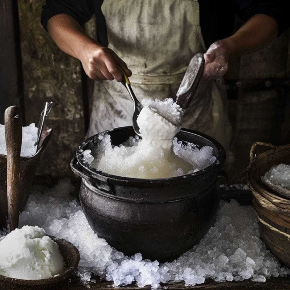 Artisanal Ice Cream Preparation, Showing A Traditional Garrafa Surrounded By Ice And Salt, With A Person Hand Churning In A Rustic Setting.