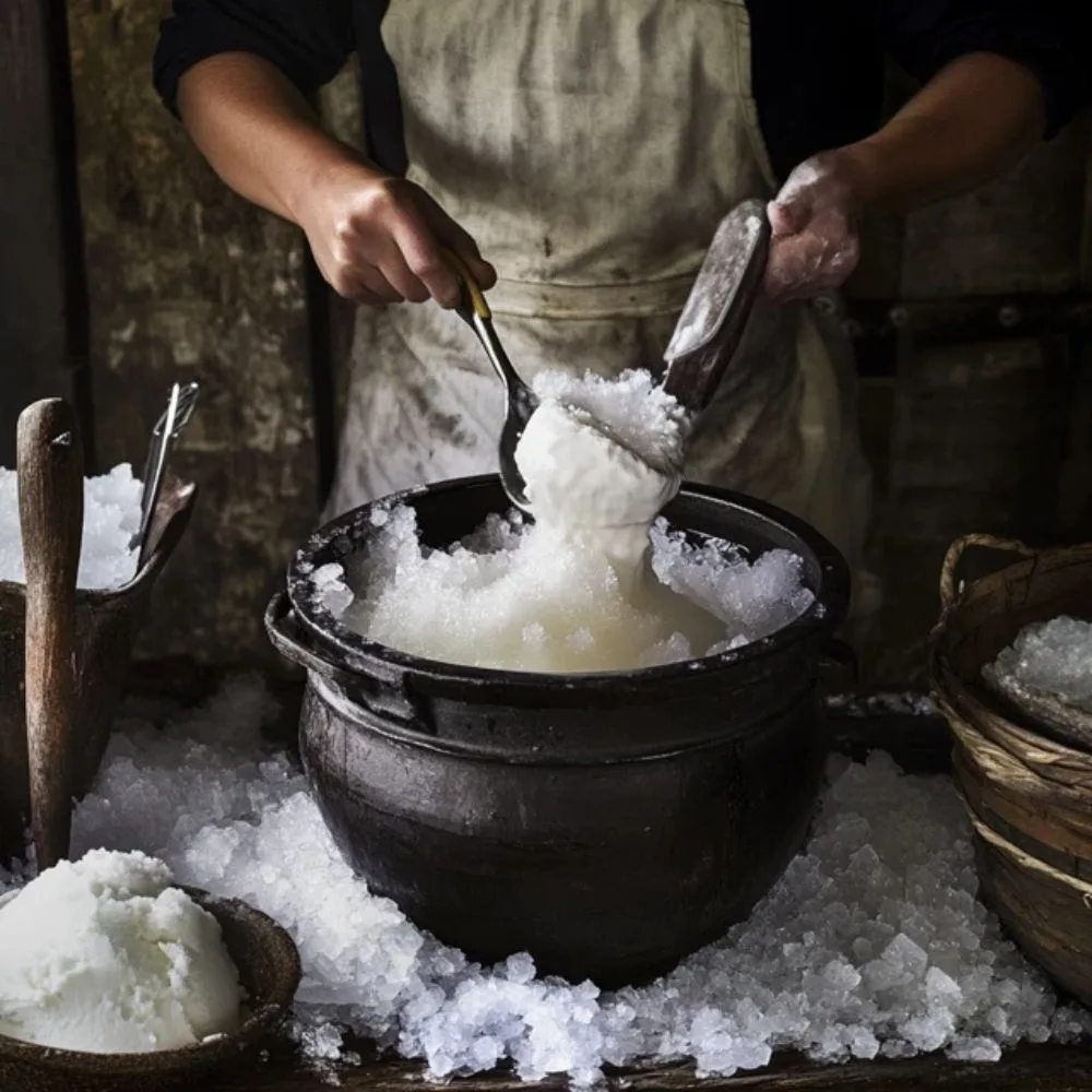 Artisanal Ice Cream Preparation, Showing A Traditional Garrafa Surrounded By Ice And Salt, With A Person Hand Churning In A Rustic Setting.