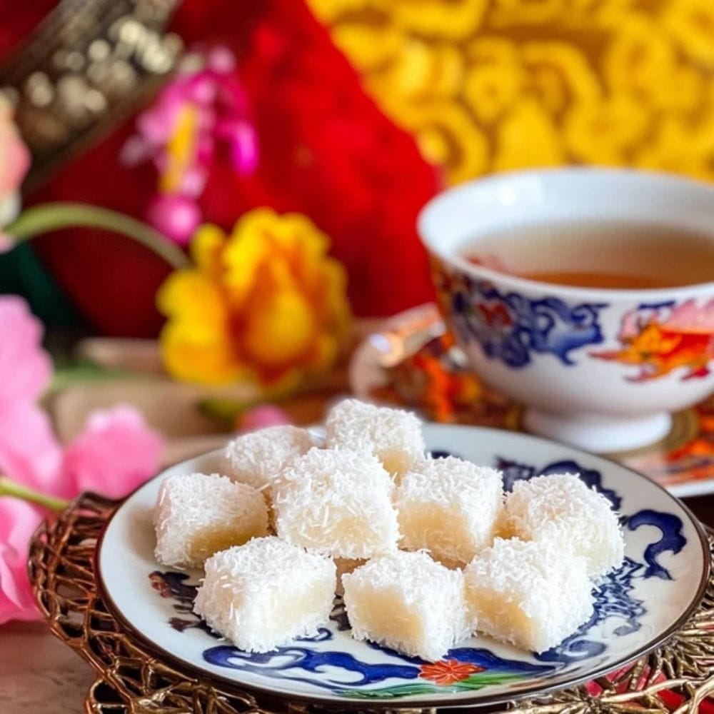 Beautifully Presented Vietnamese Coconut Candy On A Decorative Plate, Accompanied By A Steaming Cup Of Tea, With A Vibrant Lunar New Year Theme In The Background.