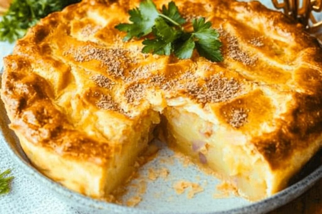 A freshly baked golden Passover Potato Pie in a rustic dish with garnished parsley.