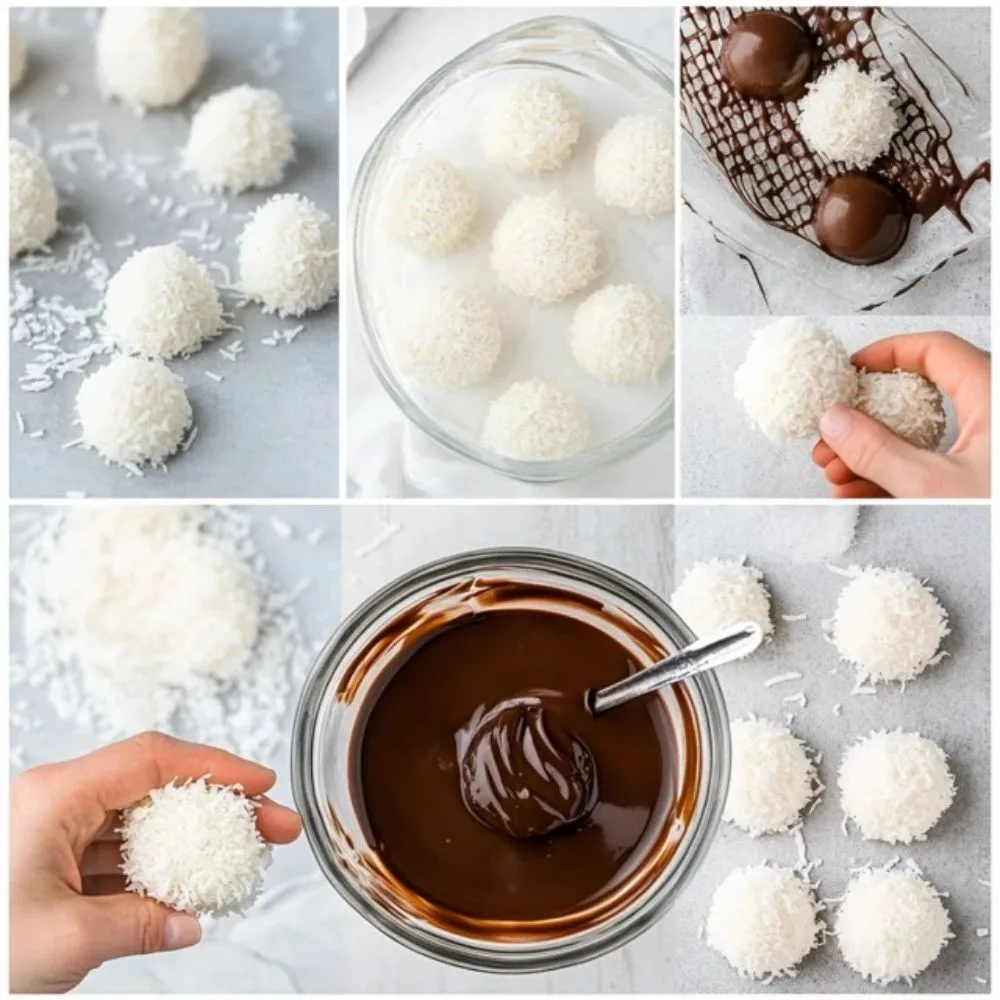 Step By Step Collage Showing Mixing Coconut Mixture, Shaping Candies, And Dipping In Chocolate, Vibrant And Detailed Visuals.