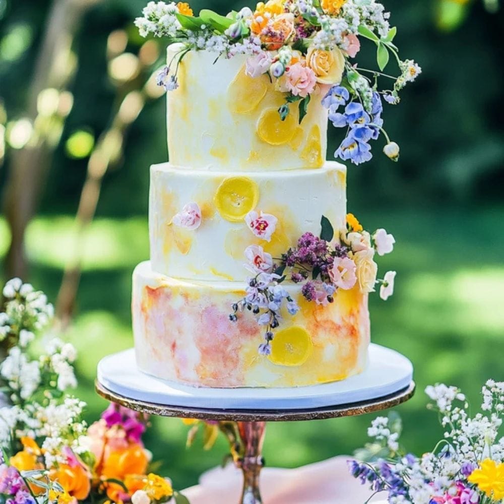 Wedding cake with white frosting and floral decorations