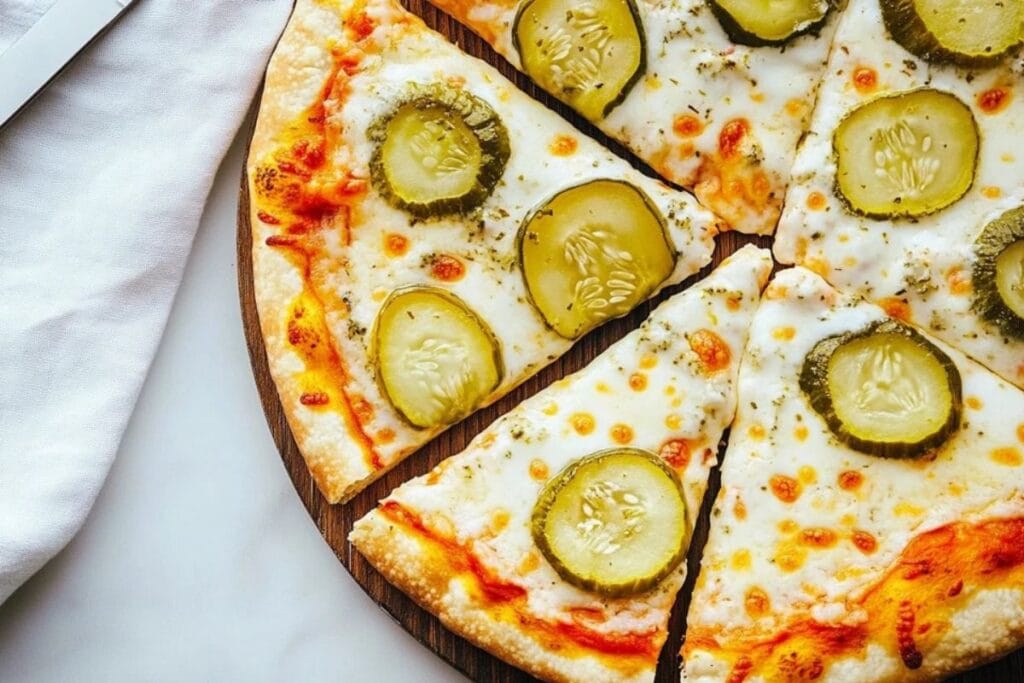 Close-up of freshly baked pickle pie pizza with golden cheese and dill pickles.