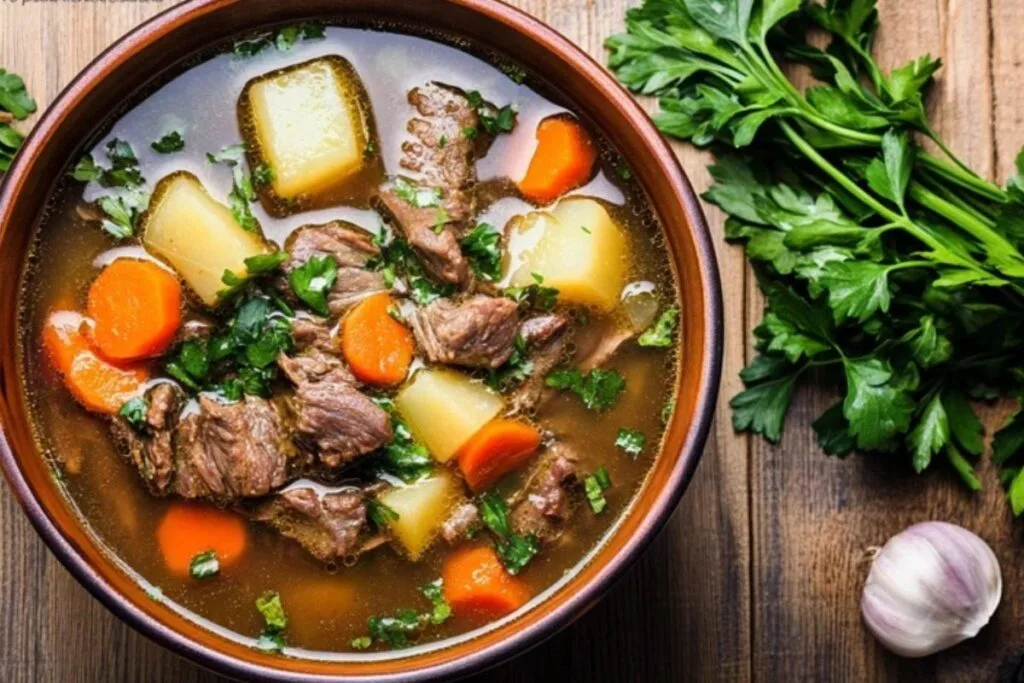 Porcupine soup garnished with herbs on a wooden table