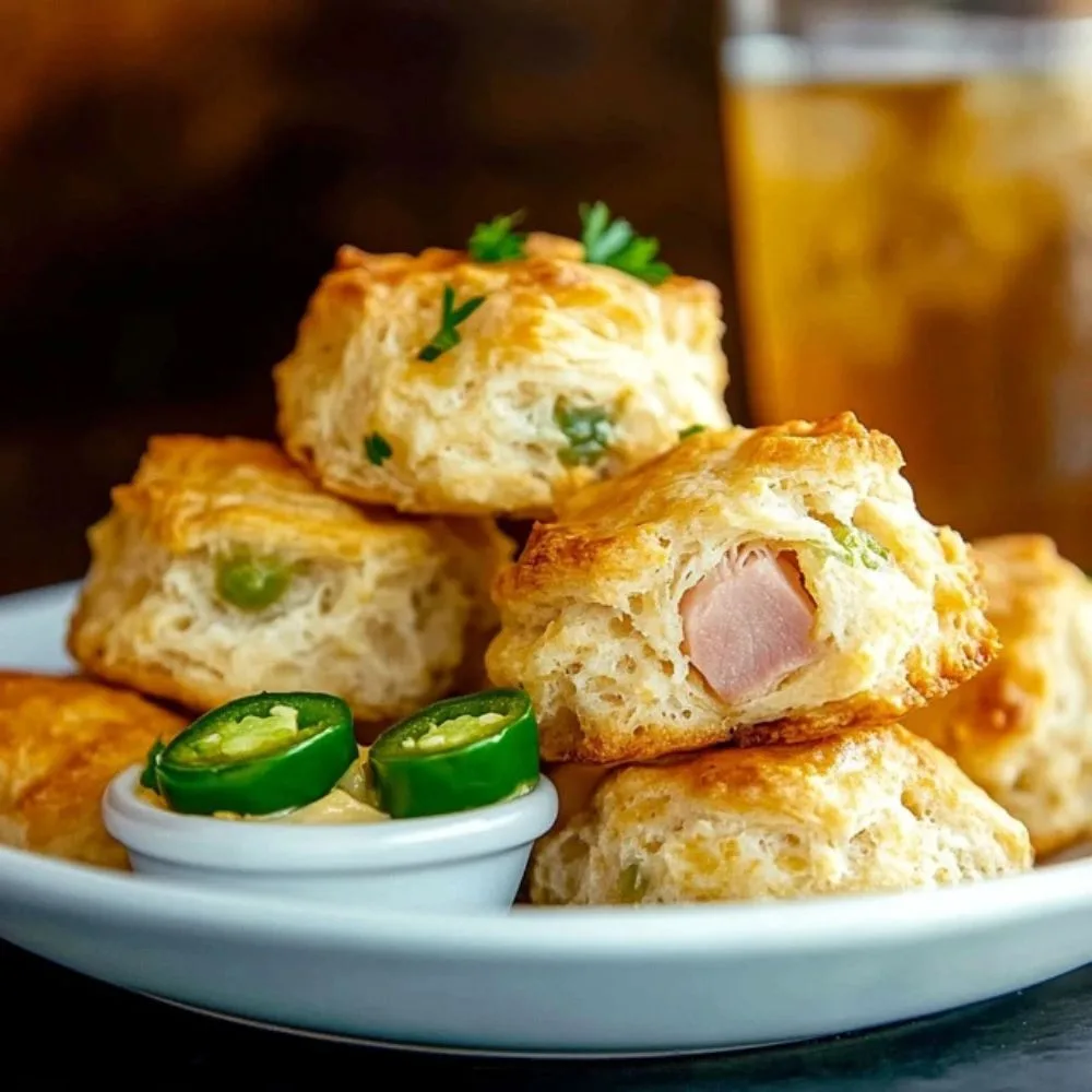 A Beautifully Plated Serving Of Ham And Jalapeño Biscuits, Garnished With Fresh Herbs, Next To A Small Dish Of Honey Butter And A Glass Of Iced Tea, Warm And Inviting Atmosphere, Natural Lighting.