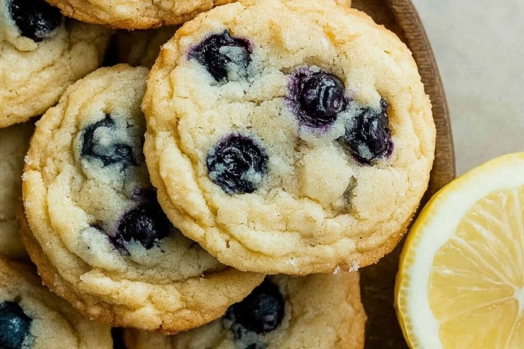 Golden lemon blueberry cookies stacked on a wooden plate with fresh blueberries and lemon slices.