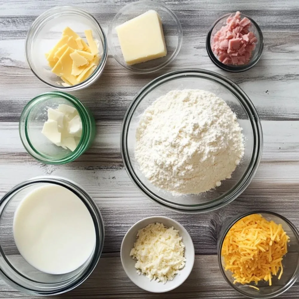 Realistic Top Down View Of A Norma Kitchen Countertop, A Large Mixing Bowl Filled With Flour, Diced Ham, Chopped Jalapeños, And Shredded Cheese, Soft Natural Lighting, Normal Kitchen Setting, High